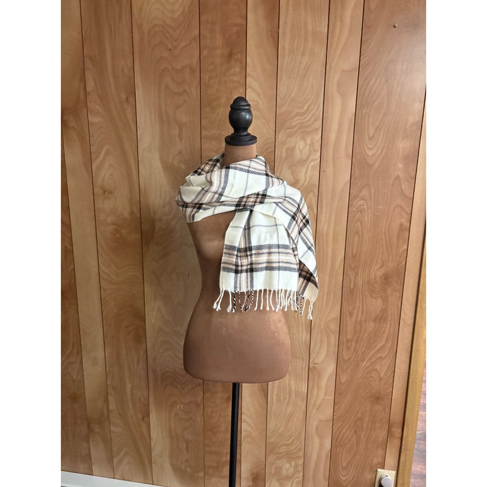 Berkshire Handkerchief Co Inc Plaid Scarf Cream Tan Black Acrylic Fringe Wrap
